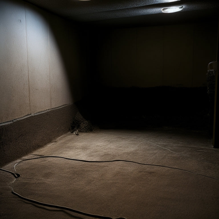 A dimly lit, damp basement with cracked walls, water-stained ceilings, and a buckled floor, featuring a prominent hairline crack in a concrete foundation wall with rusty rebar exposed.