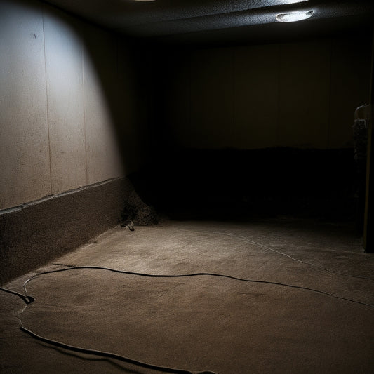 A dimly lit, damp basement with cracked walls, water-stained ceilings, and a buckled floor, featuring a prominent hairline crack in a concrete foundation wall with rusty rebar exposed.