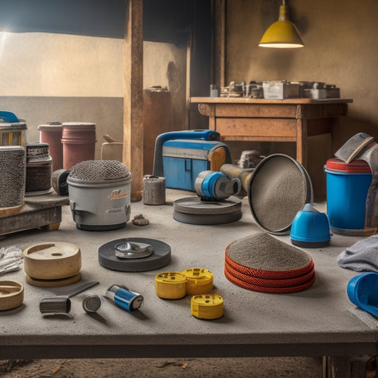 A cluttered workshop table with a variety of concrete grinding tools and accessories, including a handheld grinder, diamond segments, and a dust mask, surrounded by concrete dust and debris.