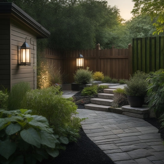 A serene backyard featuring a modern block wall with built-in planters, a wooden gate, and a stone pathway, surrounded by lush greenery and a few strategically placed outdoor lanterns.