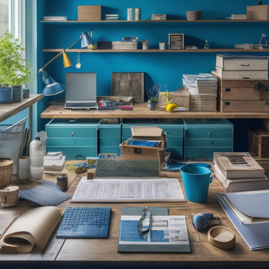 A cluttered home renovation workspace with scattered papers, blueprints, and a laptop, transformed into an organized space with a centralized planner and color-coded tabs, surrounded by tidy stacks of folders and utensils.