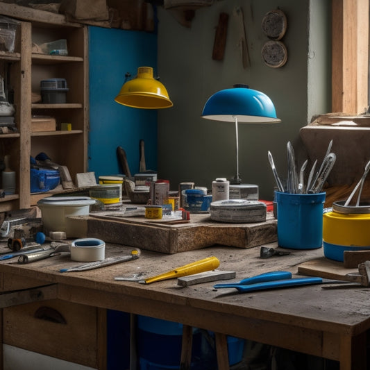 A cluttered workshop table with various adhesion tools scattered across it, including a caulk gun, tape measure, putty knife, scraper, and tubes of adhesive, with a partially renovated wall in the background.