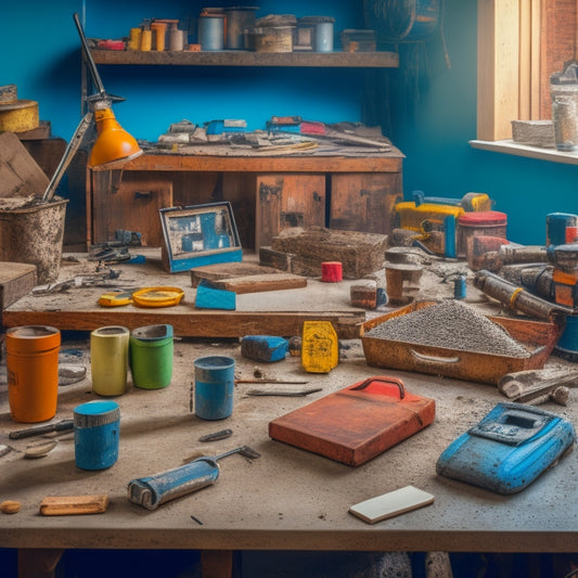 A cluttered workshop table with various tools scattered around, including a drill, level, trowel, mixing bucket, and safety goggles, surrounded by blocks, mortar, and renovation debris.