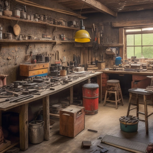 A cluttered workshop with a wooden workbench in the center, surrounded by scattered tools, paint cans, and building materials like lumber, pipes, and tiles, with a partially renovated room in the background.