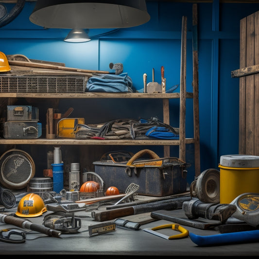 A cluttered, well-organized toolbox with a variety of instruments, including a level, tape measure, flashlight, and screwdrivers, surrounded by blueprints, hard hats, and a ladder in the background.