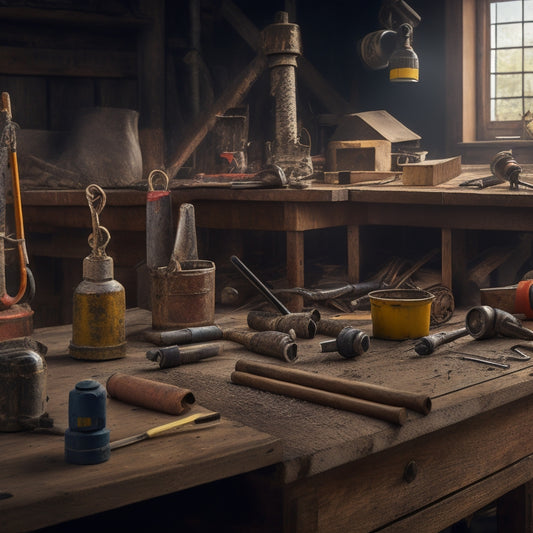 A messy renovation site with scattered tools and materials, featuring a prominent anchor point with a drill and anchor bits, surrounded by various anchor types and kits on a wooden workbench.