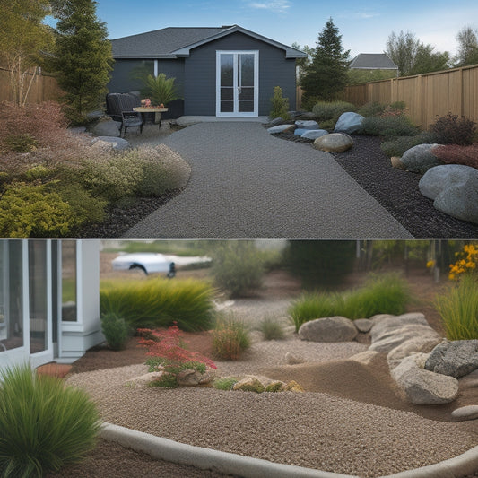 A split-screen image featuring a variety of aggregate materials, including pea gravel, crushed stone, river rocks, and decomposed granite, alongside a renovated backyard with a patio and walkway.