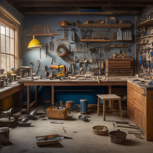 A cluttered yet organized workshop with a wooden workbench, various power tools, and renovation materials like hammers, drills, and paint cans, surrounded by partially renovated walls and flooring.
