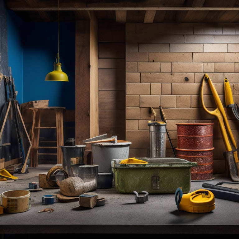 A cluttered workshop background with various tools scattered around, featuring a prominent block wall under construction, with a tape measure, level, trowel, and mixing bucket in the foreground.
