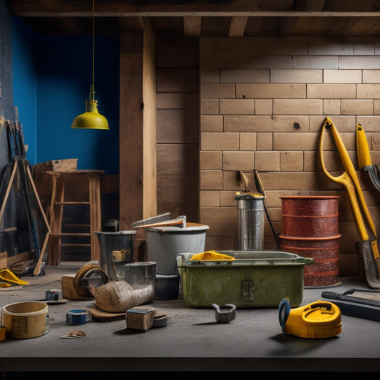 A cluttered workshop background with various tools scattered around, featuring a prominent block wall under construction, with a tape measure, level, trowel, and mixing bucket in the foreground.
