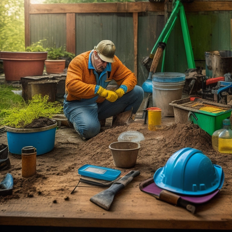 An image depicting a person in a hard hat and gloves, surrounded by various soil testing tools (e.g., pH meter, soil probe, moisture meter) on a cluttered workbench amidst a partially renovated backyard.