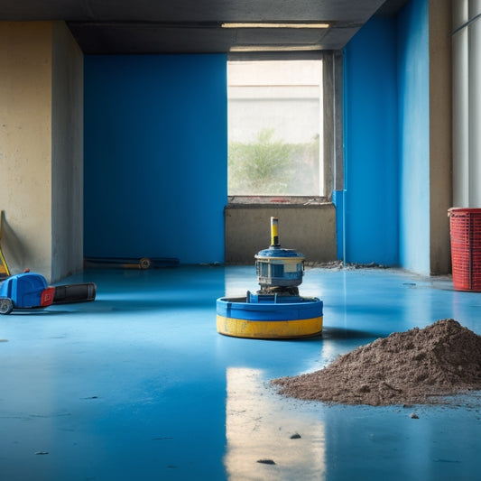 A worn, cracked concrete floor in a renovated room with a faded blue wall, surrounded by construction tools and debris, contrasted with a sleek, polished concrete floor in the background, covered with a shiny new concrete covering machine.