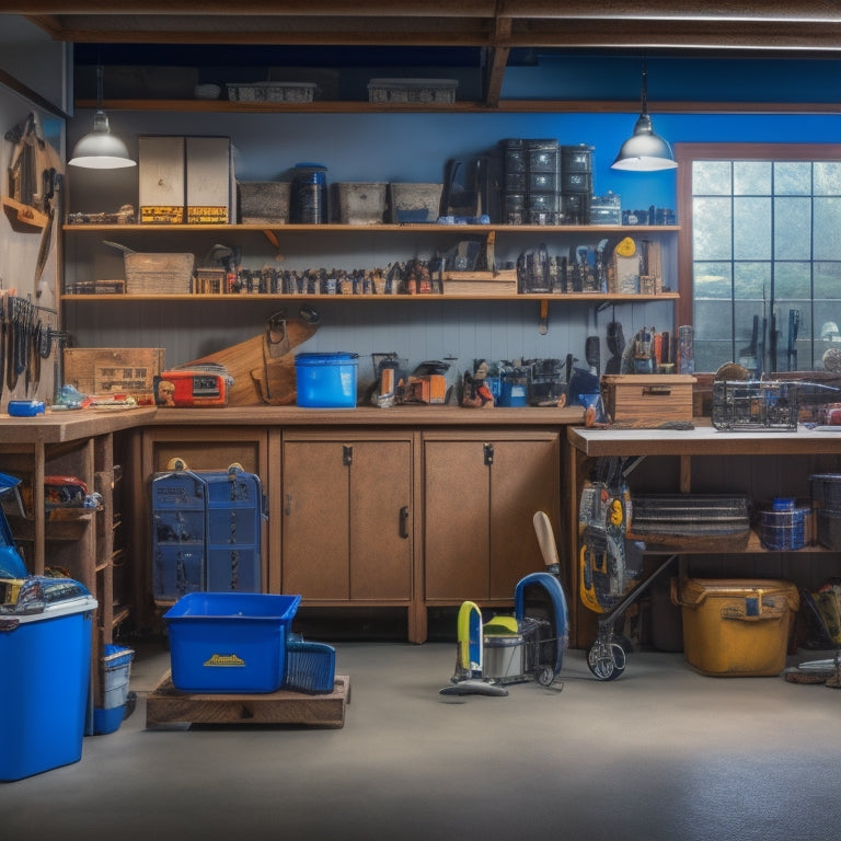 A cluttered garage with scattered tools, open cabinets, and a workbench littered with projects, contrasted with a clean and organized garage in the background, with labeled bins and a tidy workbench.