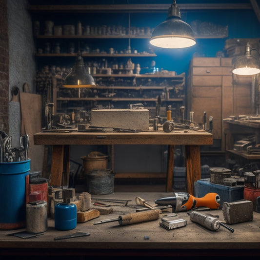 A cluttered workshop background with a rotary hammer prominently displayed on a workbench, surrounded by various drill bits, chisels, and renovation materials like bricks, concrete, and tiles.