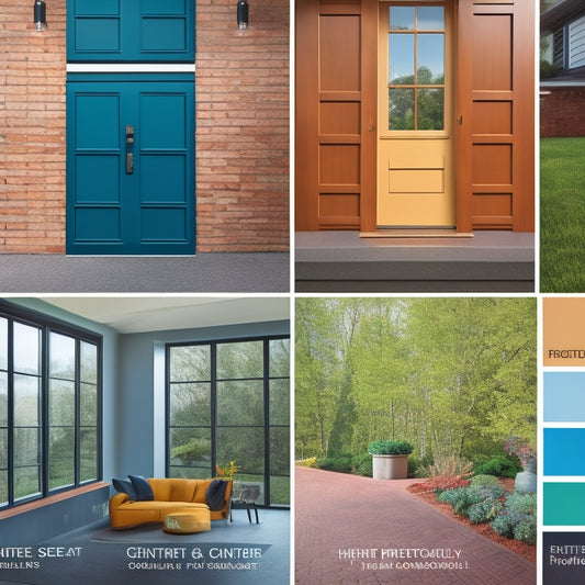 A split-screen image featuring six different sealant color swatches, each applied to a unique home renovation material (wood, concrete, metal, glass, brick, and stone), with a subtle gradient background.