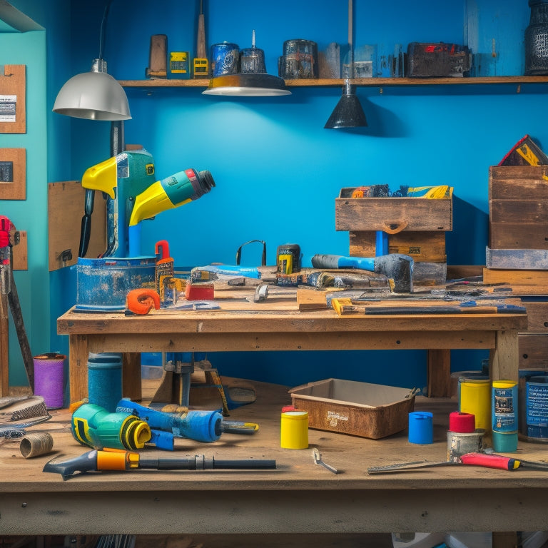 A cluttered, yet organized, DIY workshop table with a variety of budget-friendly tools, including a cordless drill, level, tape measure, and paintbrushes, surrounded by renovation materials like plywood and paint cans.