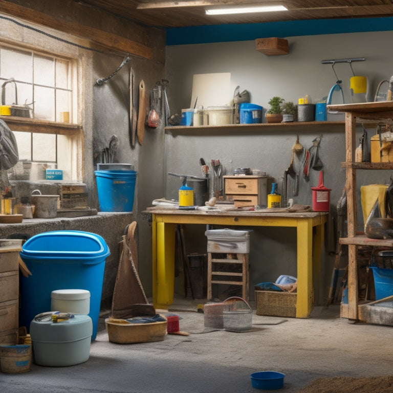 A cluttered garage workspace with stucco tools scattered around, including a mixer, trowel, and sprayer, surrounded by DIY renovation materials like buckets, tarps, and ladders, with a hint of stucco texture in the background.