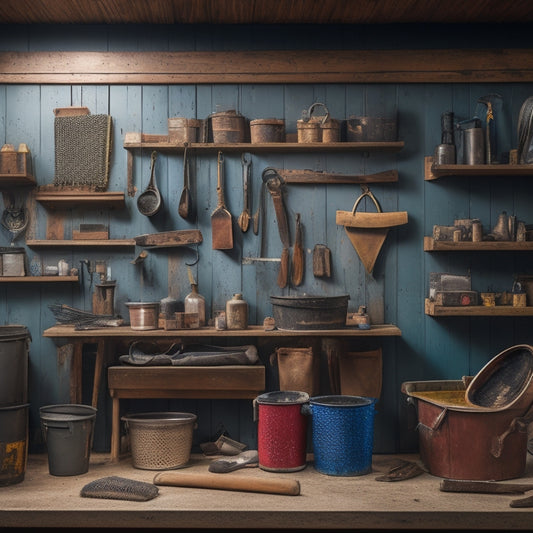 A clutter-free workshop with a neatly organized toolbelt, a clean and oiled trowel, a bucket with a scrubbed interior, and a wire brush hanging from a peg on a wooden pegboard.