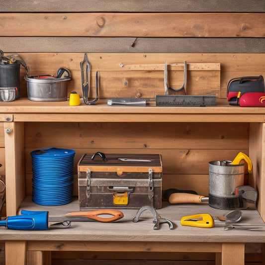 A clutter-free, organized toolbox with a mix of 15-20 essential tools, including a hammer, level, pliers, wrench, and tape measure, arranged on a wooden workbench with a subtle background of a renovation site.