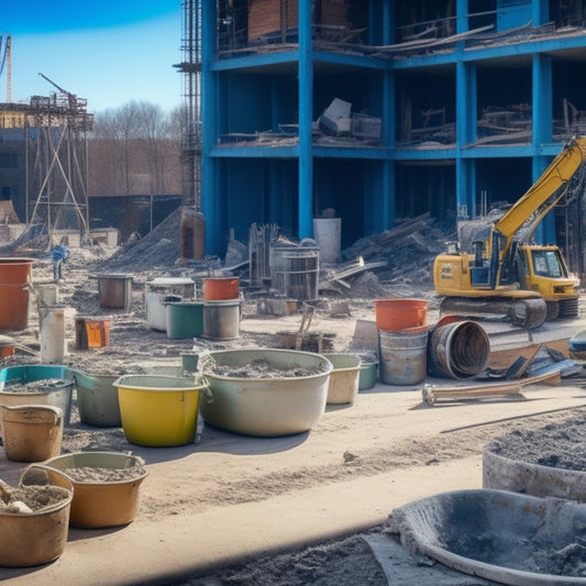 A cluttered construction site with various large renovation projects in progress, featuring multiple mixing buckets of different sizes and materials in the foreground, surrounded by tools and building materials.