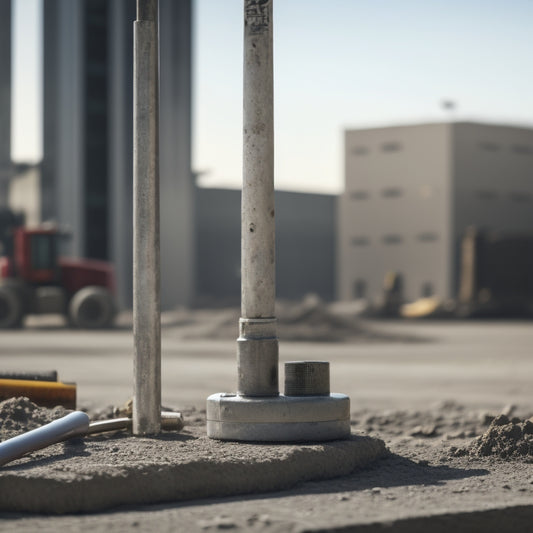 A close-up of a sturdy, silver jack standing upright on a concrete block, surrounded by scattered tools and a blurred background of a construction site.