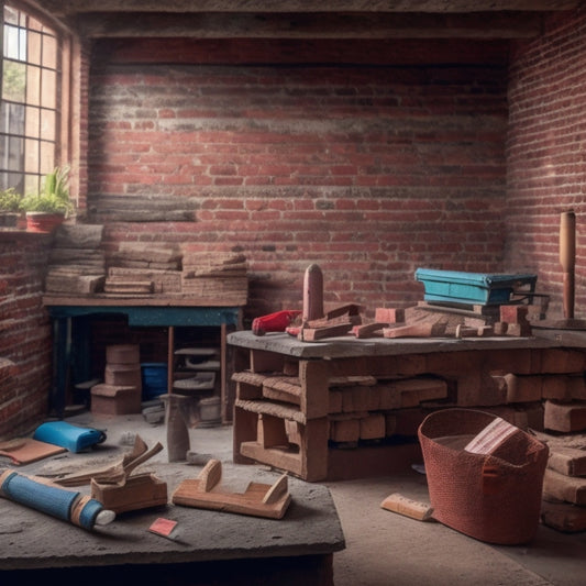 A cluttered but organized workspace with various bricklaying tools, including a trowel, level, jointer, and spirit level, surrounded by scattered bricks, mortar, and a half-built brick wall in the background.