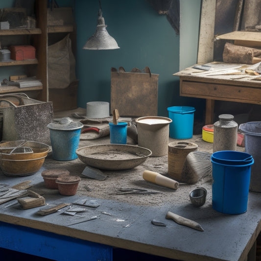 A cluttered workshop table with various plastering tools and materials, including a mixing bucket, trowel, putty knife, sandpaper, and a bag of plaster powder, amidst scattered blueprints and renovation plans.