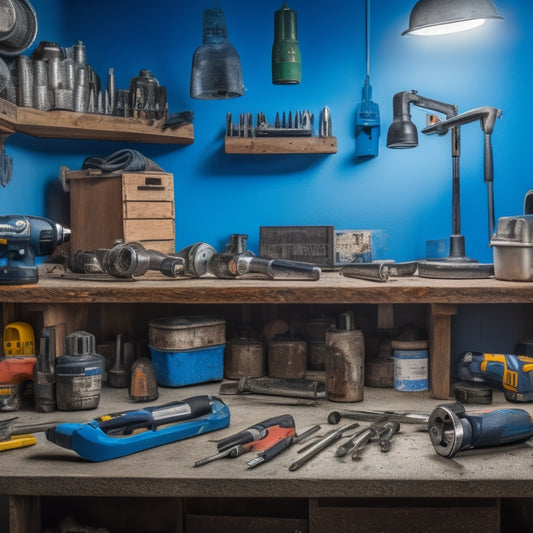 A cluttered workbench with various mixers, including a cordless drill, impact driver, and rotary hammer, surrounded by scattered screws, drill bits, and renovation tools, with a partially renovated wall in the background.