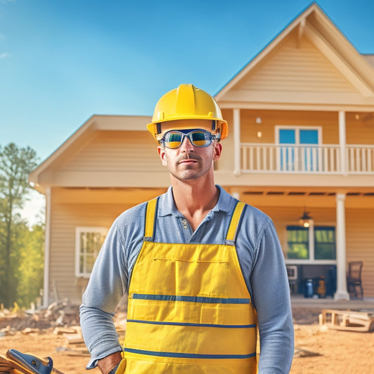 An illustration of a person wearing a yellow hard hat, safety goggles, and a dust mask, standing in front of a partially renovated summer home with construction tools and materials scattered around.