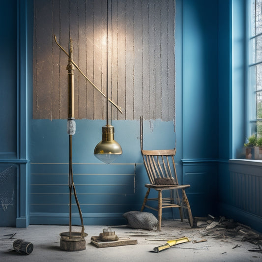A cracked, worn-out wall with a broken hammer and scattered tools, transformed into a beautiful, modern renovation with a sparkling chandelier, amidst a subtle background of rising graphs and ascending arrows.