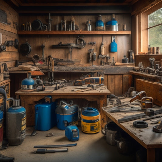 A cluttered but organized workshop with various power tools, including a circular saw, drill press, and impact driver, surrounded by renovation materials like plywood, pipes, and paint cans.