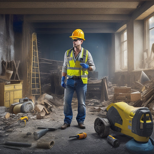 An illustration of a person wearing a yellow hard hat, safety glasses, and earplugs, standing in a partly demolished room with a ladder, power tools, and scattered renovation materials, amidst warning signs and cones.