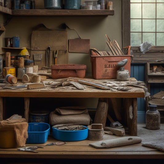 A cluttered but organized workbench with a variety of plastering tools, including a hawk, trowel, putty knife, and joint knife, surrounded by patches of plaster and drywall scraps.