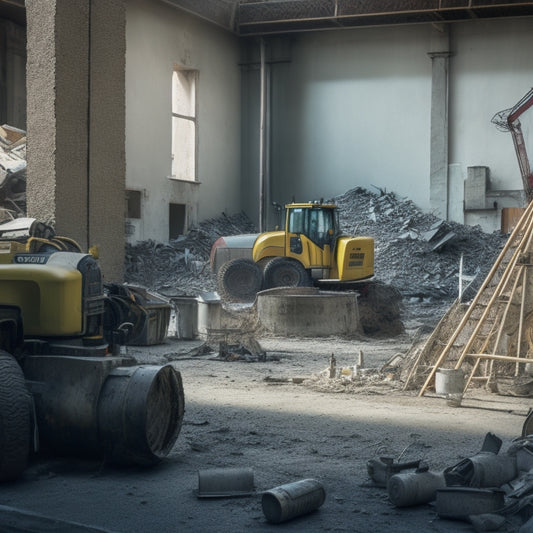 A messy construction site with a concrete mixer and pump in the foreground, surrounded by renovation chaos, amidst a partially demolished wall and scattered tools.