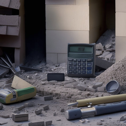 A partially demolished block wall with a measuring tape and calculator lying on a pile of rubble, surrounded by scattered blocks, mortar, and construction tools.