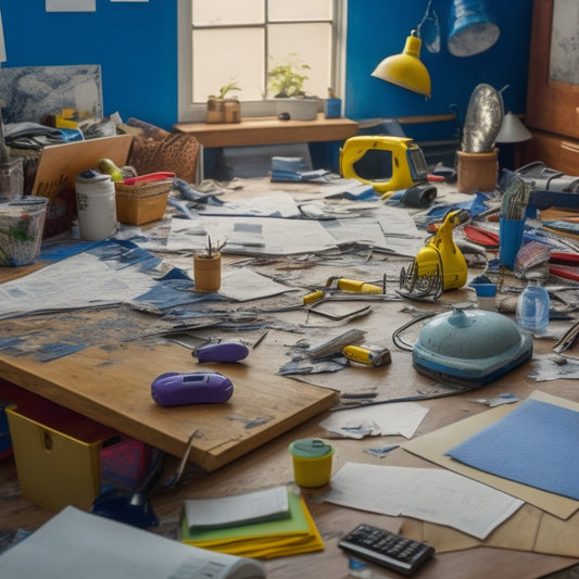A messy, cluttered room with torn wallpaper, broken furniture, and scattered tools, transformed into a clean, organized space with a blueprint, calculator, and colorful renovation budgeting folders on a desk.
