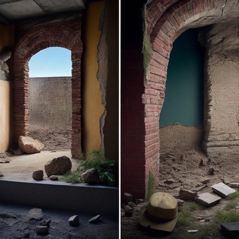 An image of a renovation site with a wall having a cracked and crumbling area, next to a section repaired with a mismatched patch, and another section repaired with a perfectly blended patch.