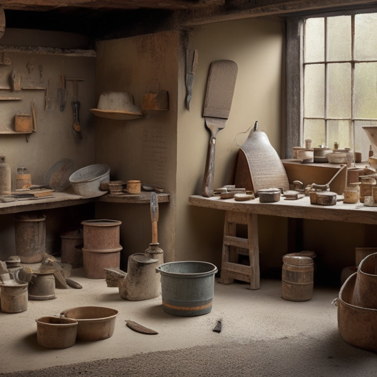 A tidy workshop background with a rows of neatly organized plastering tools, including a hawk, trowel, level, and mixing bucket, with a faint outline of a renovation project in the background.