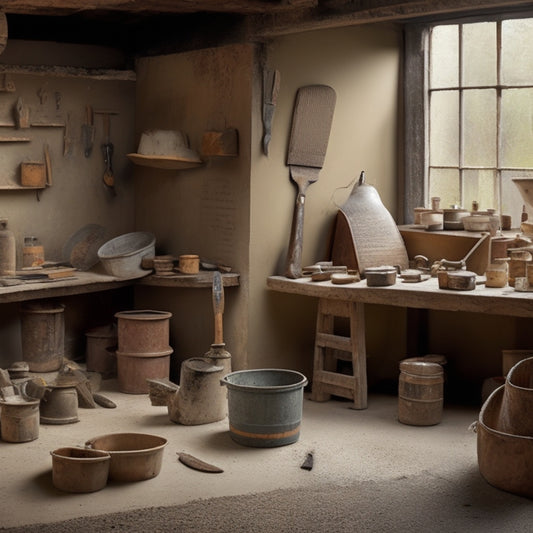 A tidy workshop background with a rows of neatly organized plastering tools, including a hawk, trowel, level, and mixing bucket, with a faint outline of a renovation project in the background.