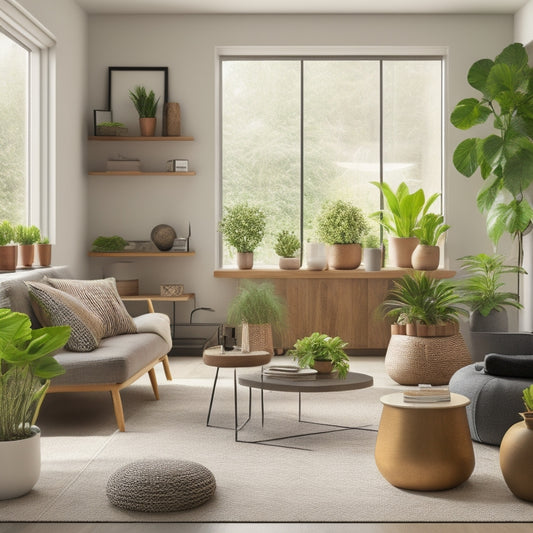 A modern living room with a mix of 5-7 planters in different shapes, sizes, and materials (ceramic, wicker, concrete, metal) showcasing various plants, on shelves, side tables, and floor, with a warm natural light.