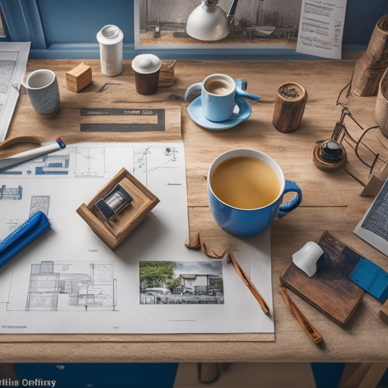 A clutter-free workspace with a large, unfolded blueprint of a block home renovation plan, surrounded by various colorful tool icons, pencils, and a cup of steaming hot coffee.