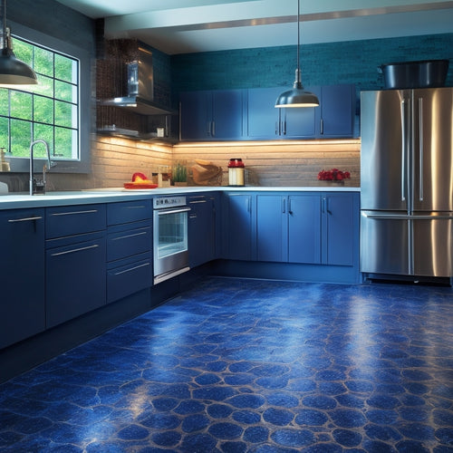 A gleaming, newly renovated industrial kitchen floor with a shiny, dark grey epoxy finish, adorned with subtle, swirling patterns, reflecting bright lighting and surrounded by sleek, modern appliances.