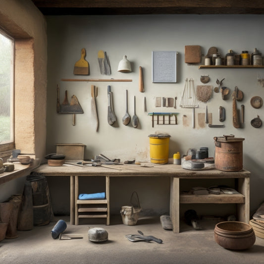 A tidy workshop with a renovated plaster wall as the backdrop, featuring a array of tools and materials, including a putty knife, trowel, joint compound, sandpaper, and a level, arranged in a organized and visually appealing manner.