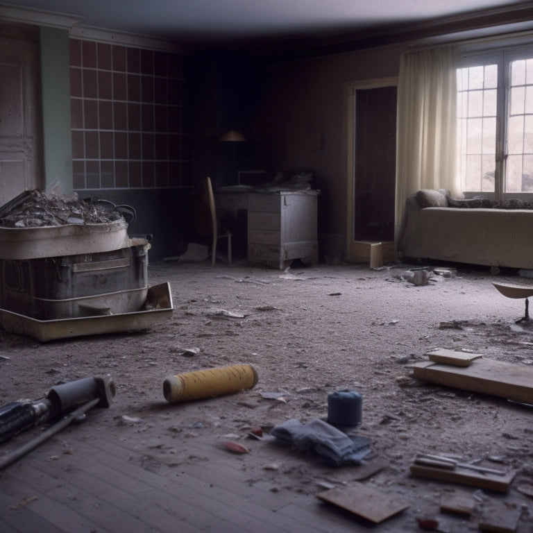 A cluttered, partially demolished room with a floor scraper machine in the center, surrounded by removed flooring, tools, and renovation debris, with a subtle hint of a renovated space in the background.