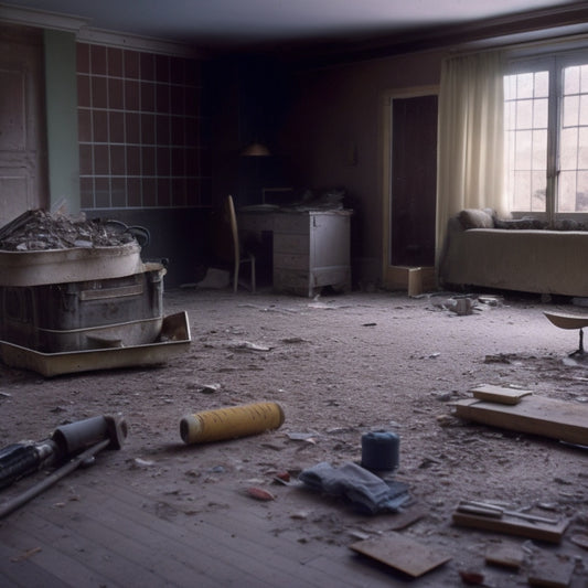 A cluttered, partially demolished room with a floor scraper machine in the center, surrounded by removed flooring, tools, and renovation debris, with a subtle hint of a renovated space in the background.