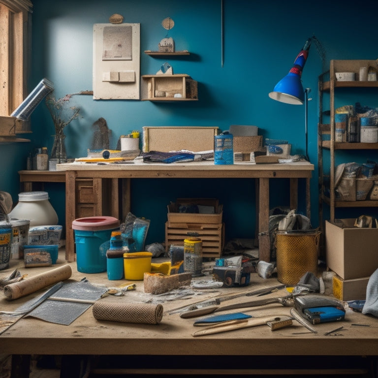 A cluttered home renovation workspace with various tools and materials scattered around, featuring a prominent caulk gun, tubes of sealant, and a putty knife, surrounded by opened packaging and scraps of drywall.