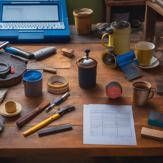 A cluttered workshop table with a laptop, scattered papers, and a cup of coffee, surrounded by renovation tools like a tape measure, level, and hammer, with a subtle blueprint in the background.