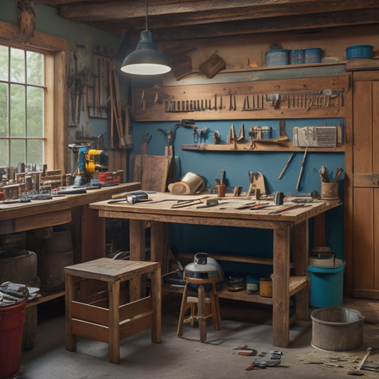 A tidy workshop with a wooden workbench, surrounded by essential tools like a cordless drill, level, tape measure, and a bucket of paint, with a faint background of a renovated room.