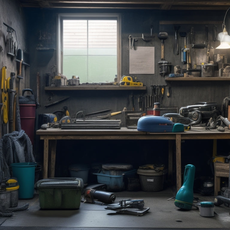 A cluttered garage with scattered tools and renovation materials, with a partially finished renovation in the background, and a toolbox or pegboard in the foreground, organized with various tools and gadgets.