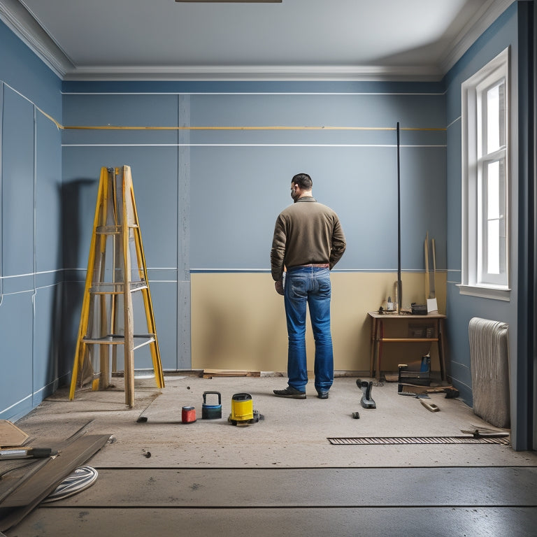 An image of a person standing in a partially renovated room, surrounded by scattered tools and building materials, with a tape measure stretched from floor to ceiling, highlighting a wall with precise markings and calculations.